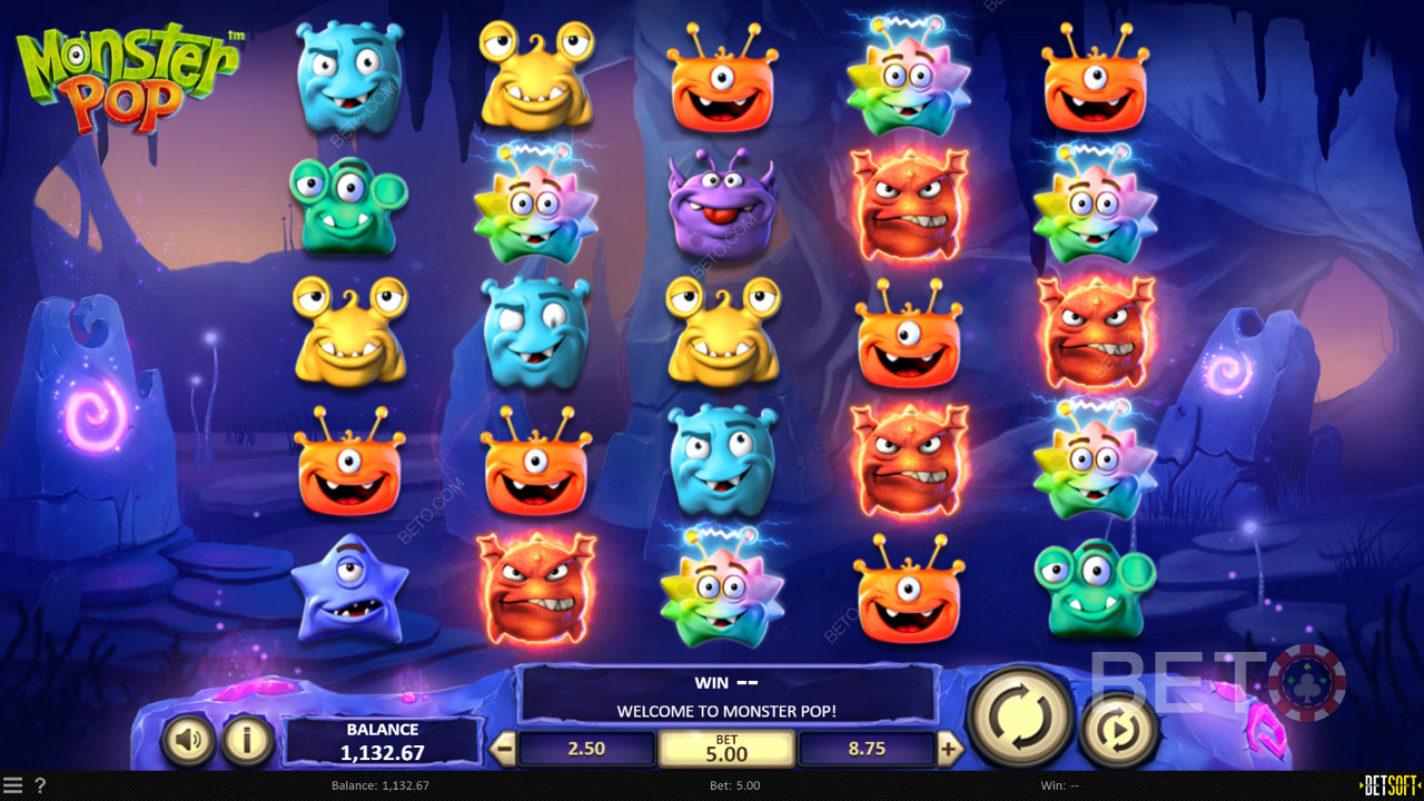 Genießen Sie das unterhaltsame Thema und die skurrilen Symbole des Online-Spielautomaten Monster Pop