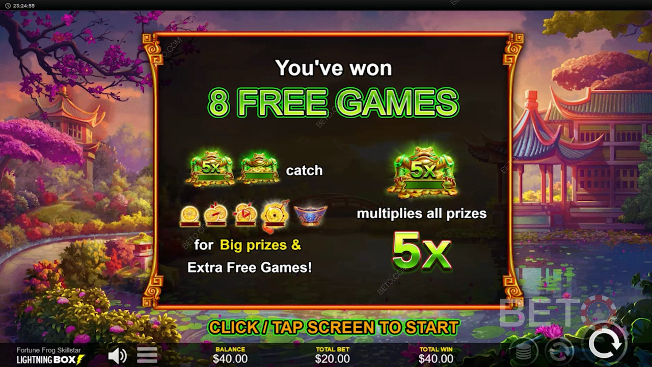 Gewinnen Sie mit dem Fortune Frog Skillstar Spielautomaten groß ab - maximaler Gewinn von 4.672x im Wert Ihres Einsatzes