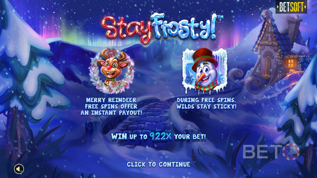Der Startbildschirm von Stay Frosty! Merry Reindeer Free Spins & Maximalgewinn von 922x Ihren Einsatz!