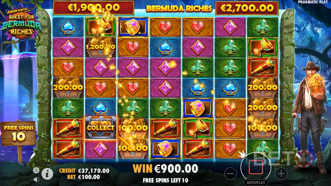 Mindestens 3 Scatters lösen Free Spins in John Hunter and the Quest for Bermuda Riches aus