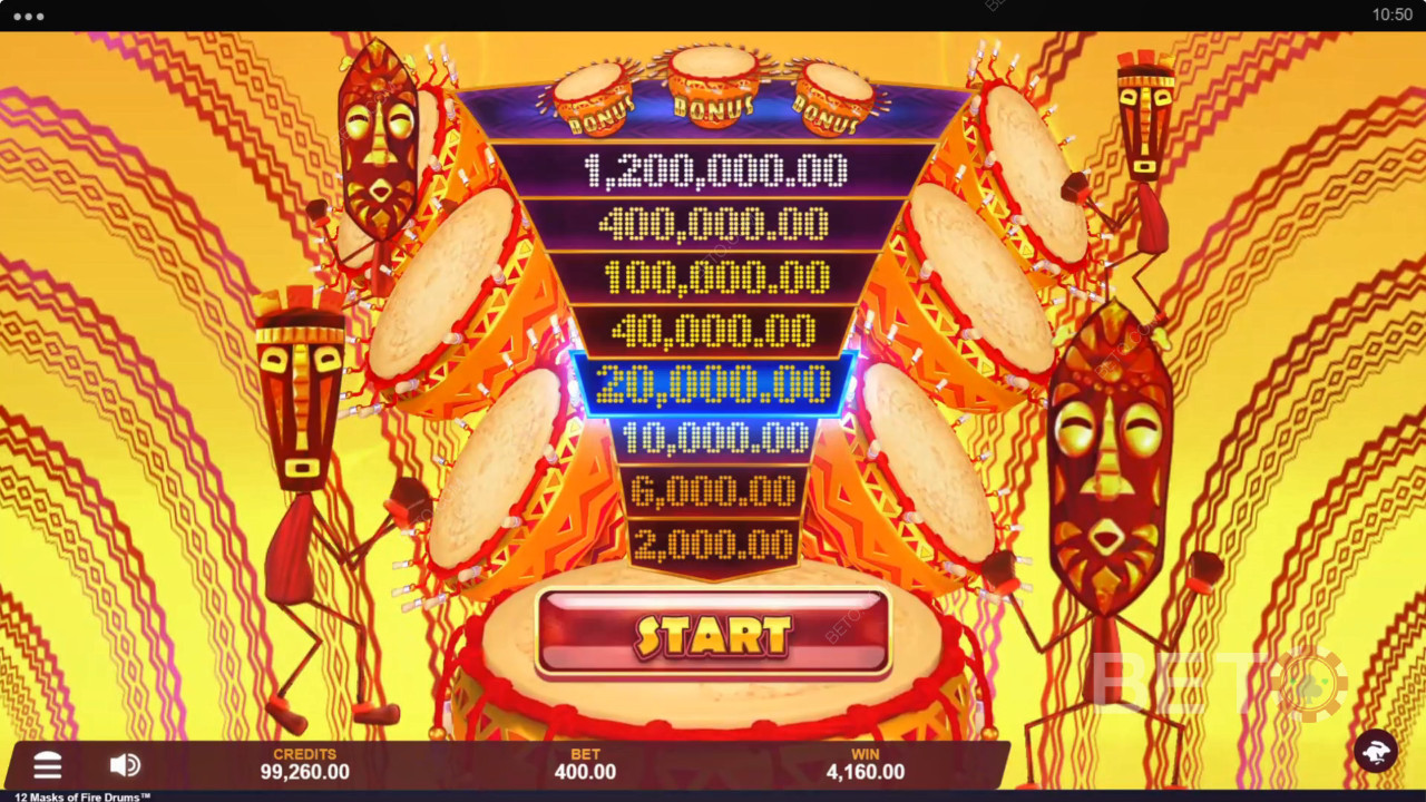 Gewinnen Sie das 3.125-fache Ihres Einsatzes in der Slotmaschine 12 Masks of Fire Drums!