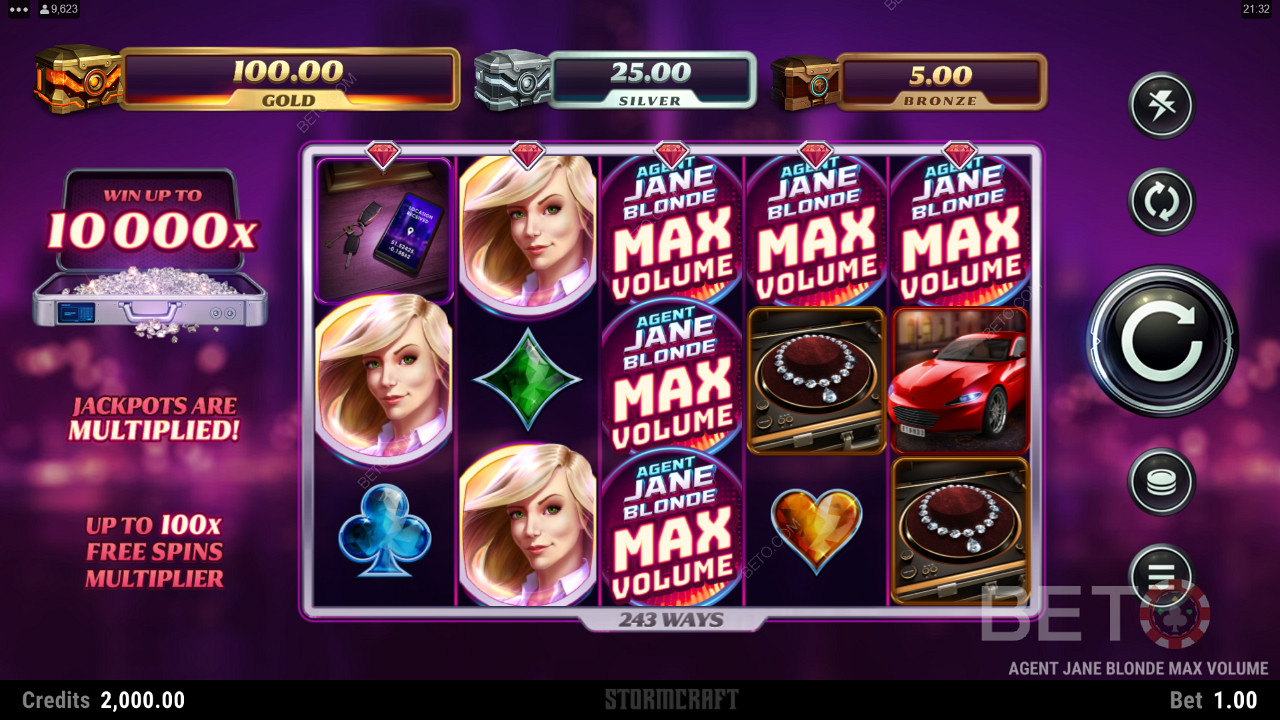 Genießen Sie die zunehmende Multiplikatorspur in den Freispielen des Spielautomaten Agent Jane Blonde Max Volume