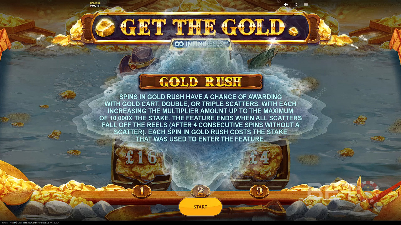 Landen Sie 3 oder mehr Gold Cart Scatters, um die Golden Rush Stunde zu beginnen