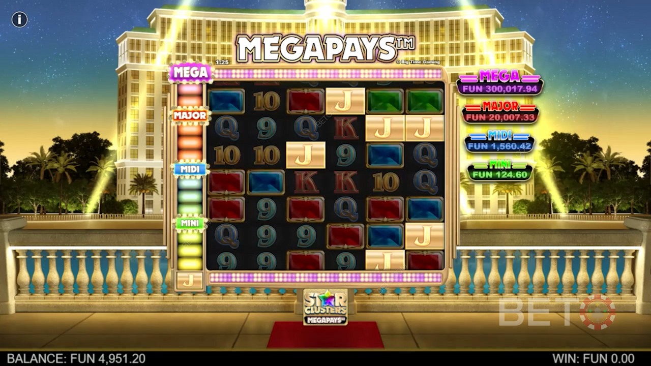 Erzielen Sie mindestens 4 Vorkommen des Megapays-Symbols, um beim Star Clusters Megapays-Spielautomaten zu gewinnen.