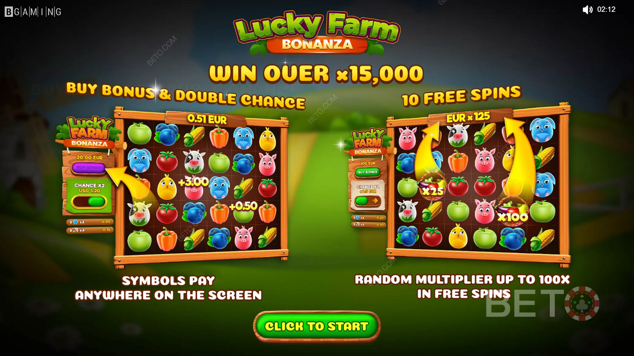 Genießen Sie Multiplikatoren, doppelte Chancen und Freispiele im Lucky Farm Bonanza-Casinospiel