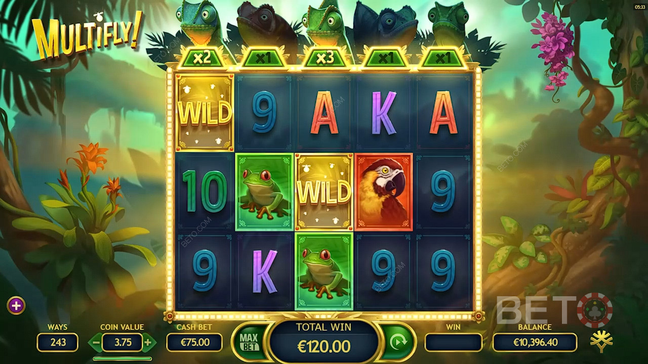 Wild-Symbole erhöhen die Walzenmultiplikatoren im MultiFly-Spielautomaten
