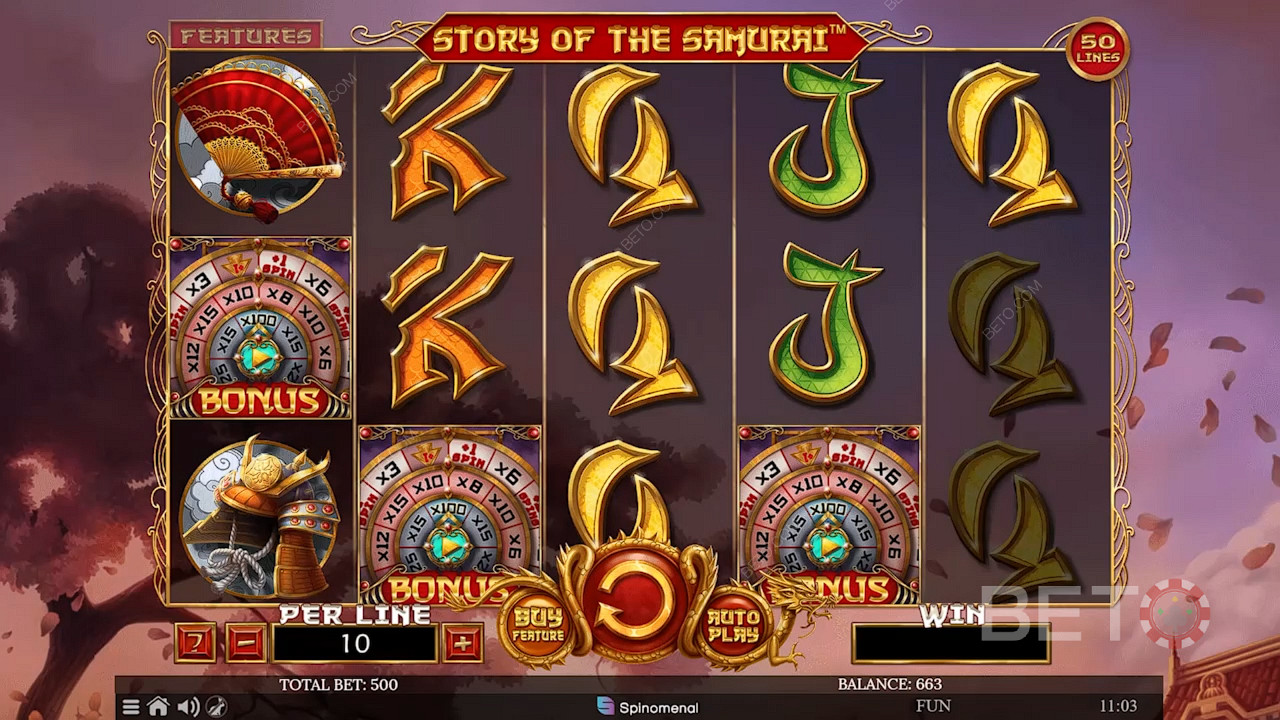 3 oder mehr Bonussymbole lösen das Bonusspiel des Spielautomaten Story of The Samurai aus