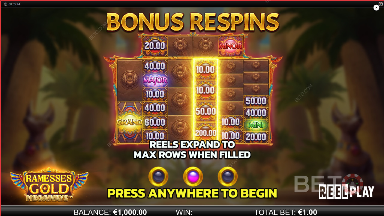 Erklärte Bonusfunktionen in Ramesses Gold Megaways von Reel Play