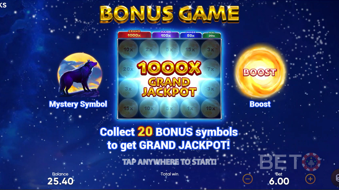 Sammeln Sie 20 Bonussymbole im Bonusspiel, um den großen Jackpot zu knacken.