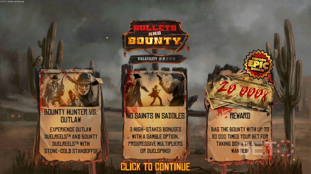 Erklärte Bonusfunktionen in Bullets and Bounty von Hacksaw Gaming