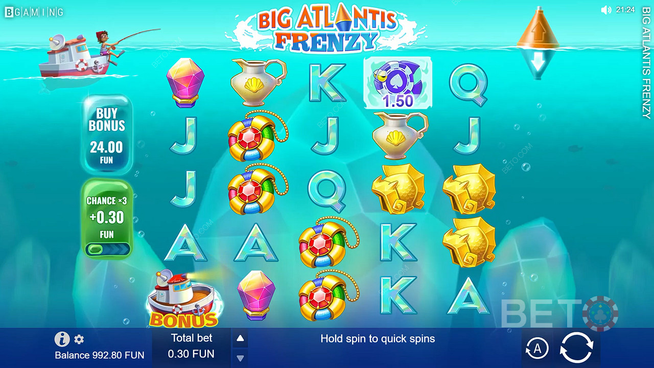 Passen Sie das Layout mit Hilfe der Pfeile im Online-Spielautomaten Big Atlantis Frenzy an