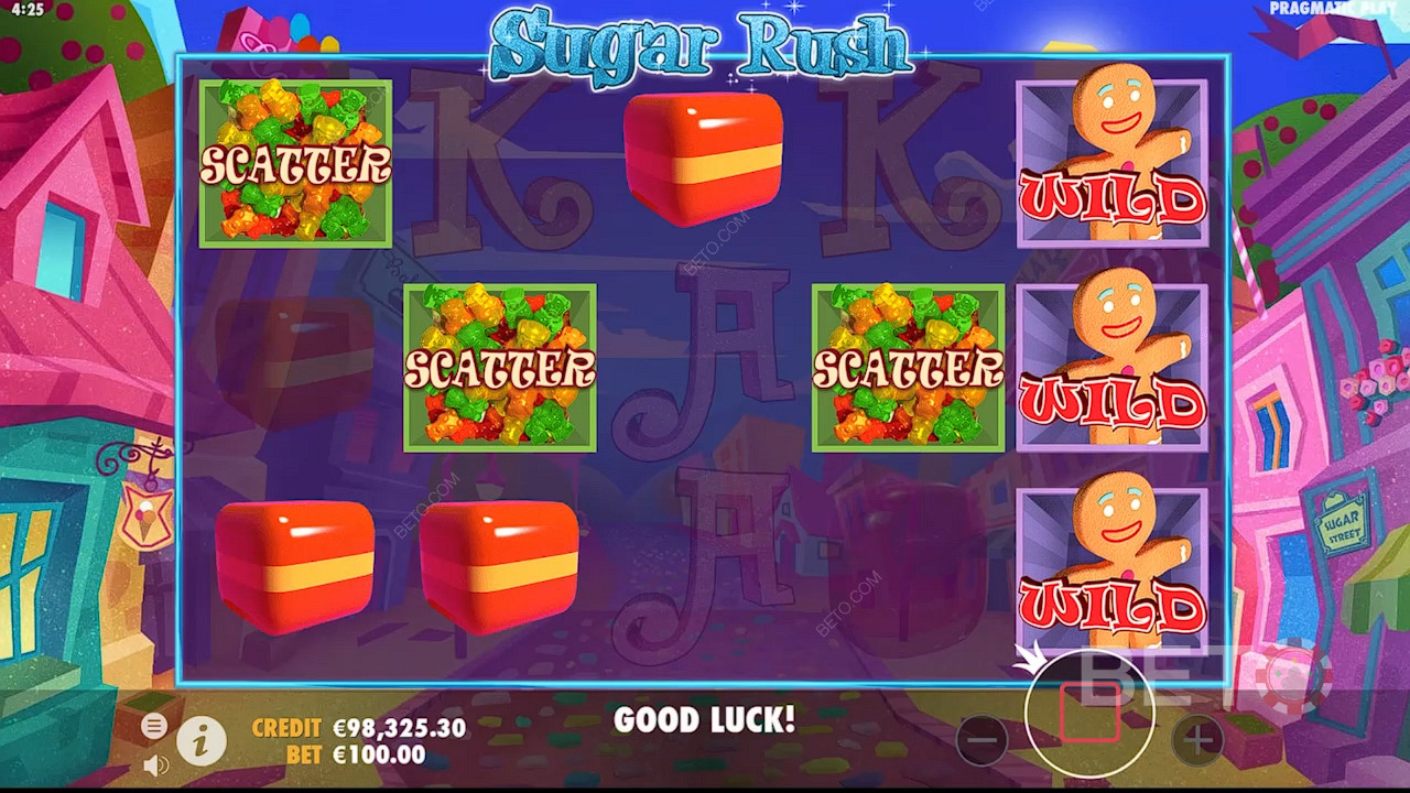 Free Spins werden aktiviert, wenn mindestens 3 Scatters im Sugar Rush Slot Spiel erscheinen.
