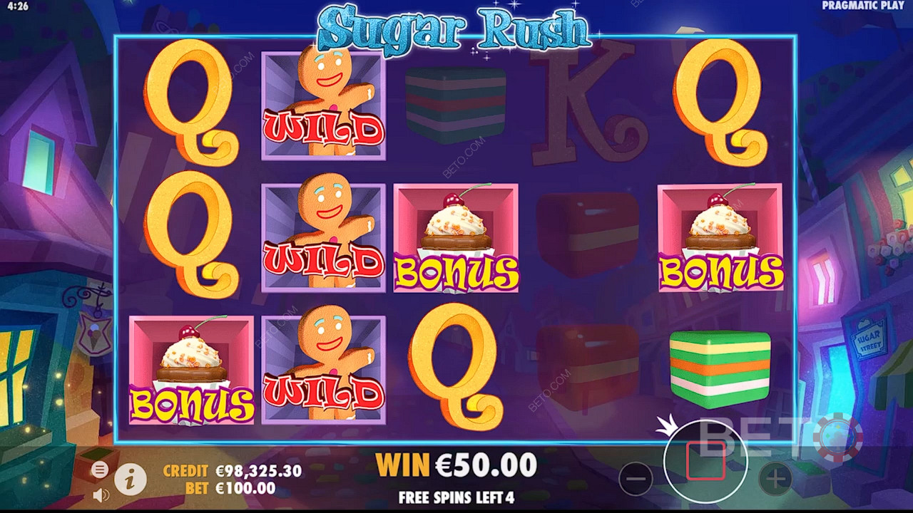 Wenn Sie Sugar Rush spielen und 3 oder mehr Cupcake-Symbole erhalten, wird das Bonusspiel ausgelöst.