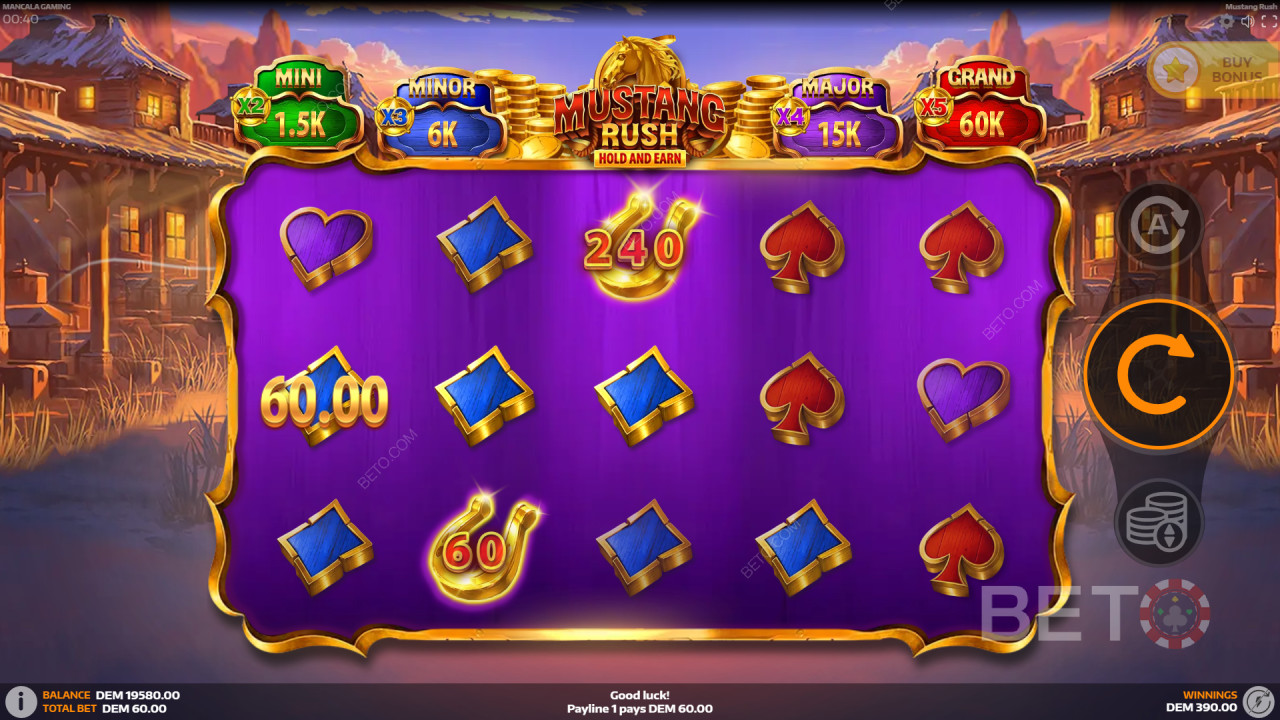 Erklärte Bonusfunktionen in Mustang Rush von Mancala Gaming