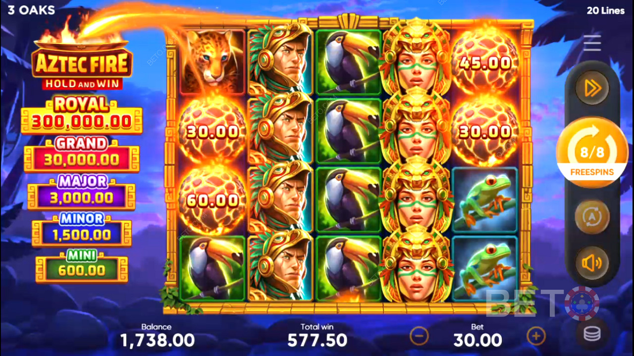 Genießen Sie in den Freispielen des Spielautomaten Aztec Fire: Hold and Win nur Symbole mit hohen Gewinnen.