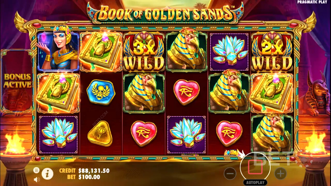 Multiplikator-Wilds erscheinen im Book of Golden Sands online slot