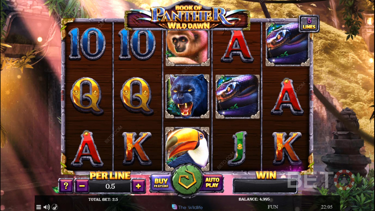Der Online-Spielautomat Book of Panther Wild Dawn hat wilde Tiere als Symbole mit hohem Wert