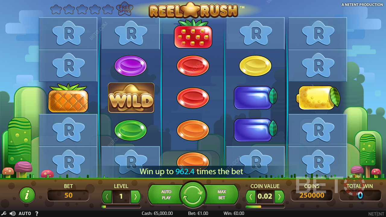 Wild-Symbole erscheinen oft, um Gewinne im Reel Rush-Spielautomaten zu erzielen