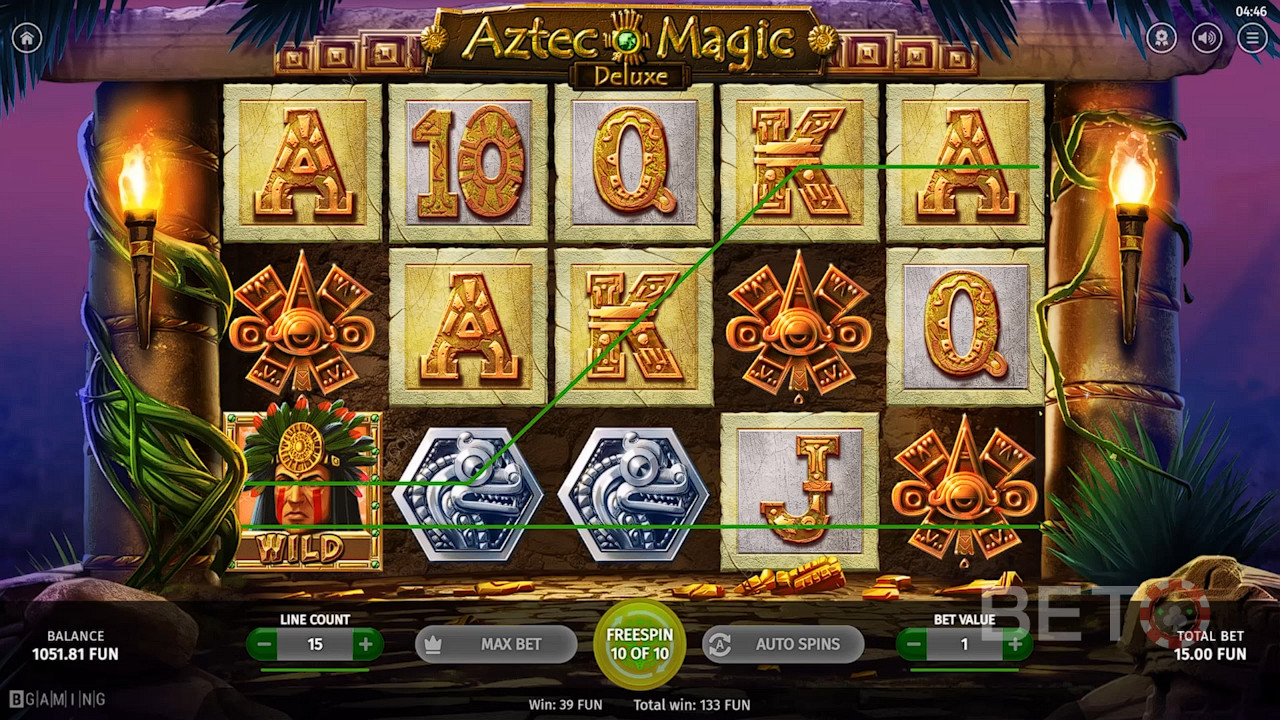 Der aztekische Krieger als Joker sorgt für Gewinne im Casino-Spiel Aztec Magic Deluxe