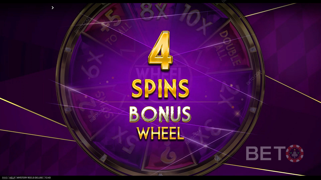 Gewinnen Sie bis zu 15 Drehungen am Bonusrad, indem Sie Wheel Deluxe-Symbole landen.