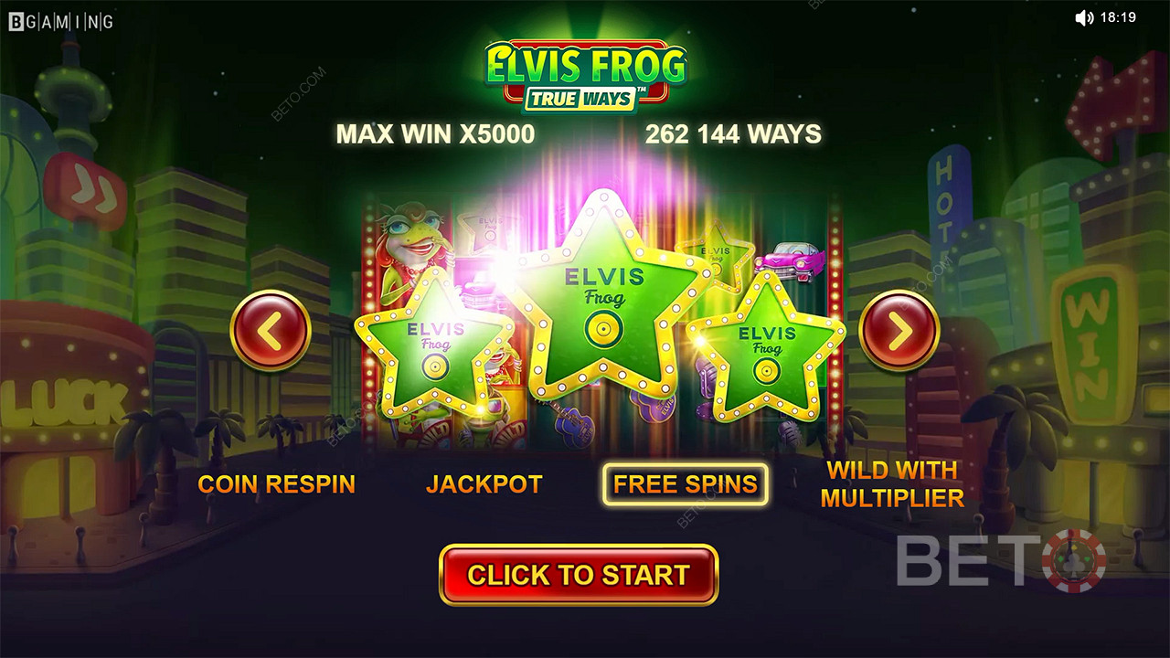 Freispiele, Multiplikator-Wilds und weitere Funktionen sind im Elvis Frog TrueWays-Spielautomaten verfügbar