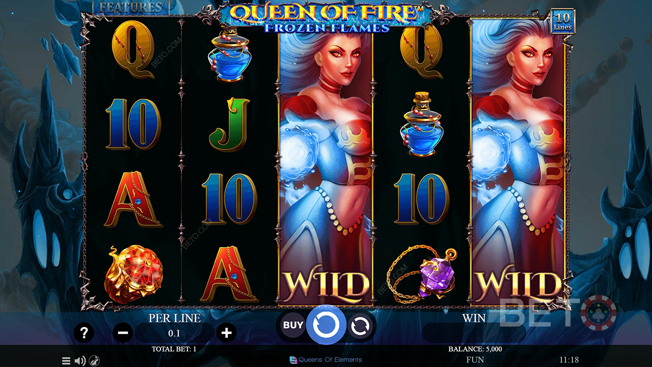 Genießen Sie Expanding Wilds im Basisspiel des Spielautomaten Queen of Fire - Frozen Flames